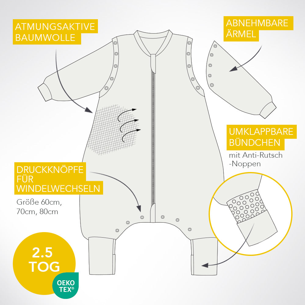 Schlafsack mit Füßen und umklappbaren Bündchen 2.5 Tog