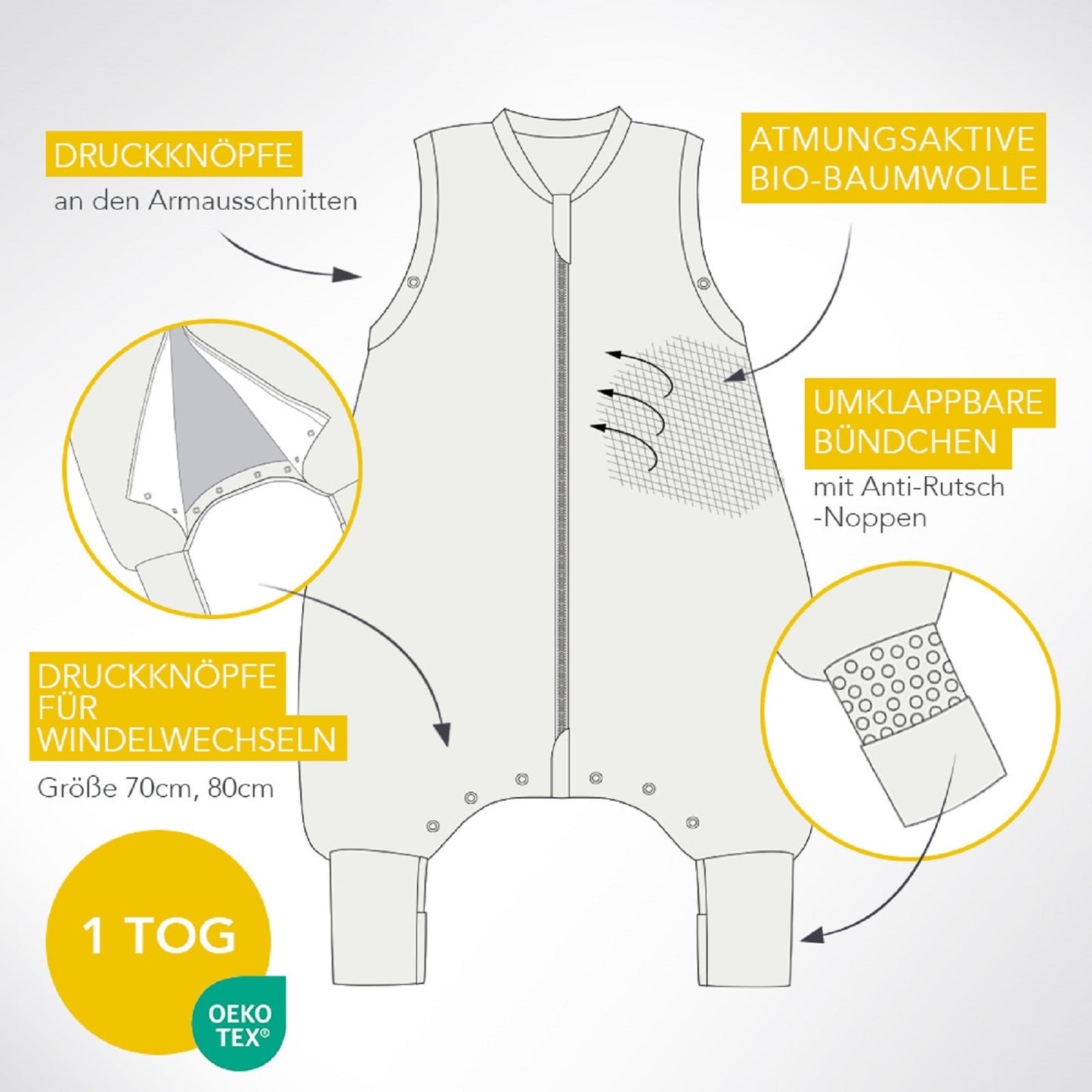 Bio Schlafsack mit Füßen und umklappbaren Bündchen 1.0 TOG