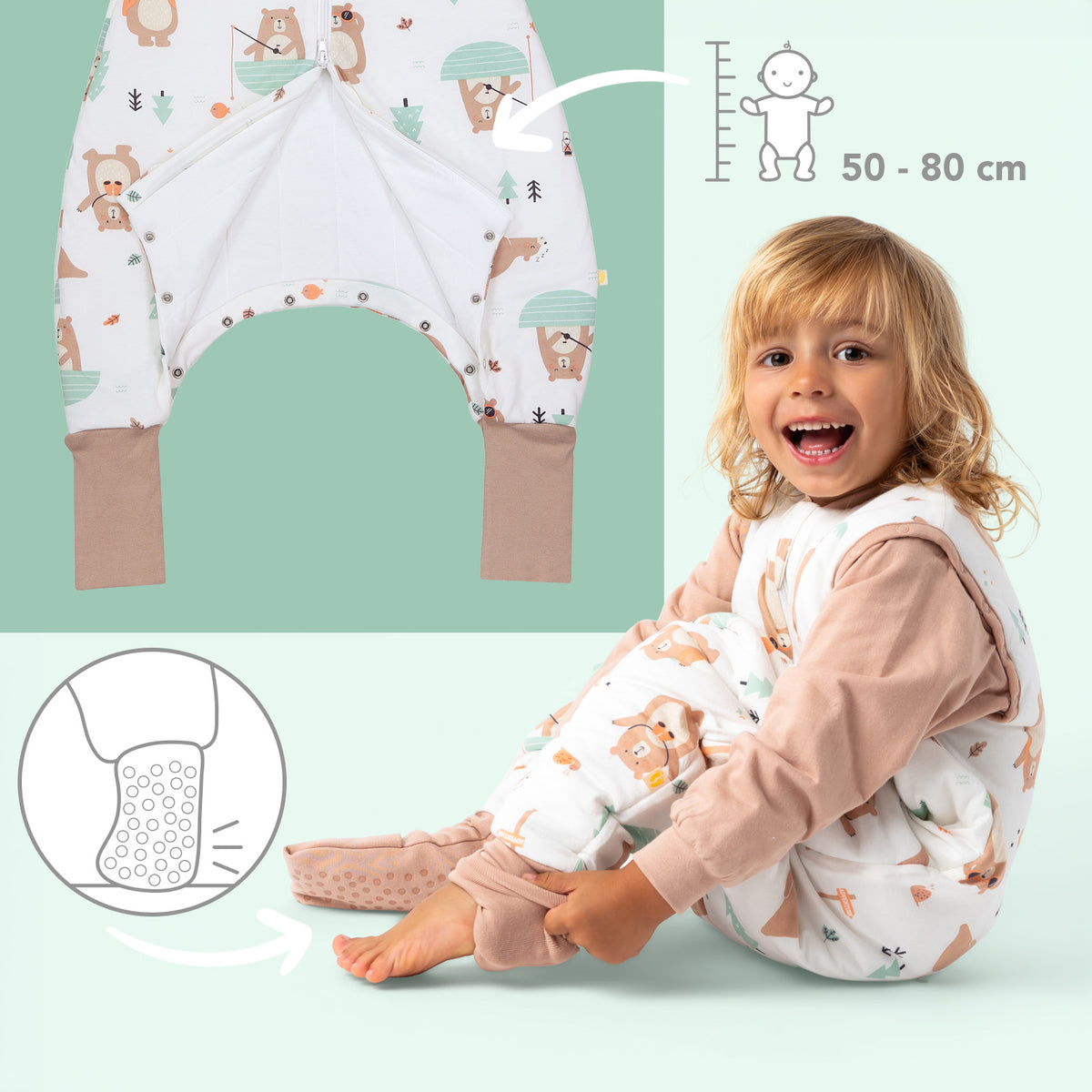 Schlafsack mit Füßen umklappbaren Bündchen und Ärmeln 1.0 TOG_Entdecker Bär_Fußbündchen_1182