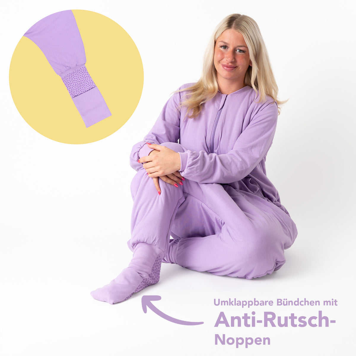 Schlafsack mit Füßen für Erwachsene mit umklappbaren Bündchen 3.5 TOG_Lavendel_Fußbündchen_1189