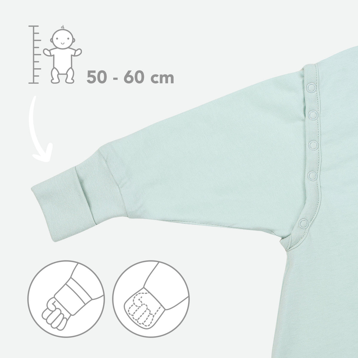 Schlafsack mit Füßen umklappbaren Bündchen und Ärmeln 1.0 TOG_Salbei_Armausschnitt_1200