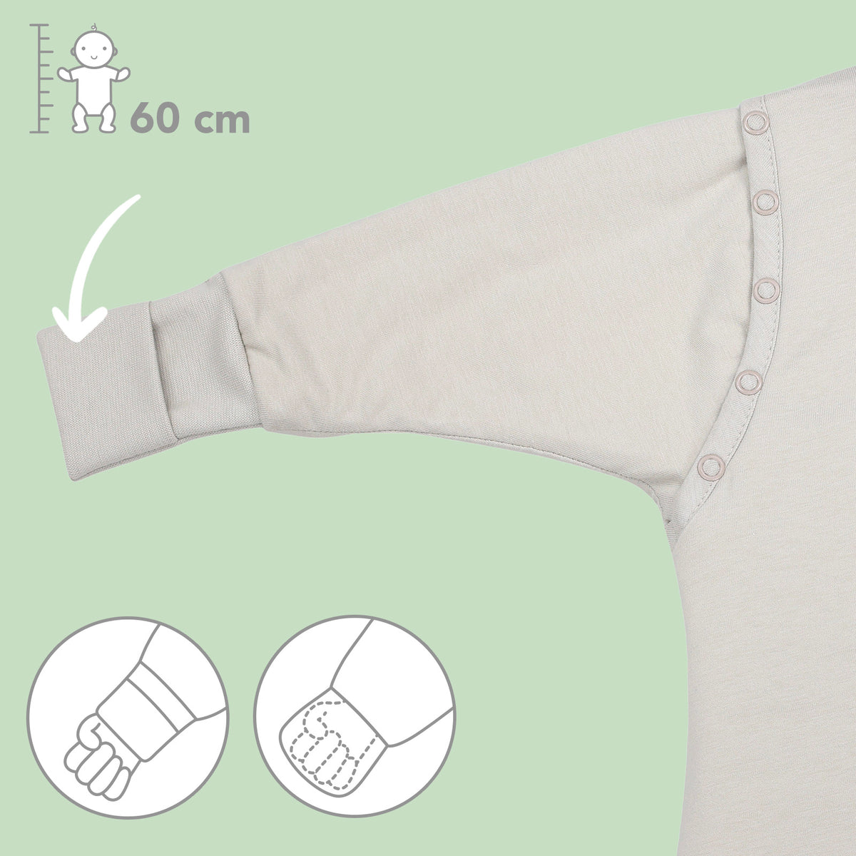 Schlafsack mit Füßen umklappbaren Bündchen und Ärmeln 1.0 TOG_Taupe_Armbündchen_1200
