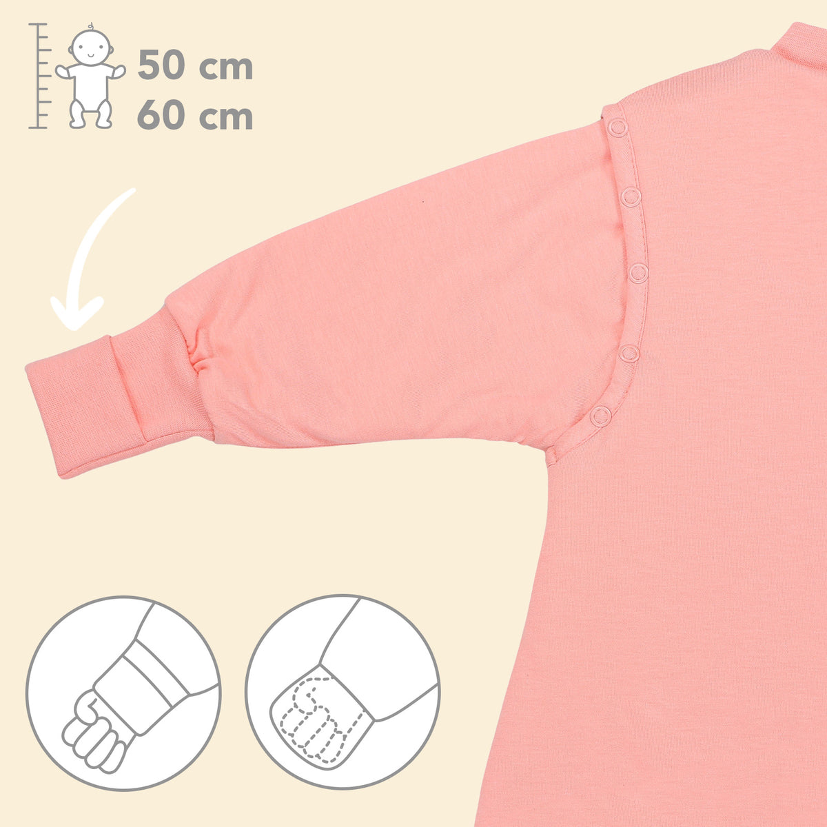 Schlafsack mit Füßen und umklappbaren Bündchen 2.5 TOG_Pfirsich_Armbündchen_1202