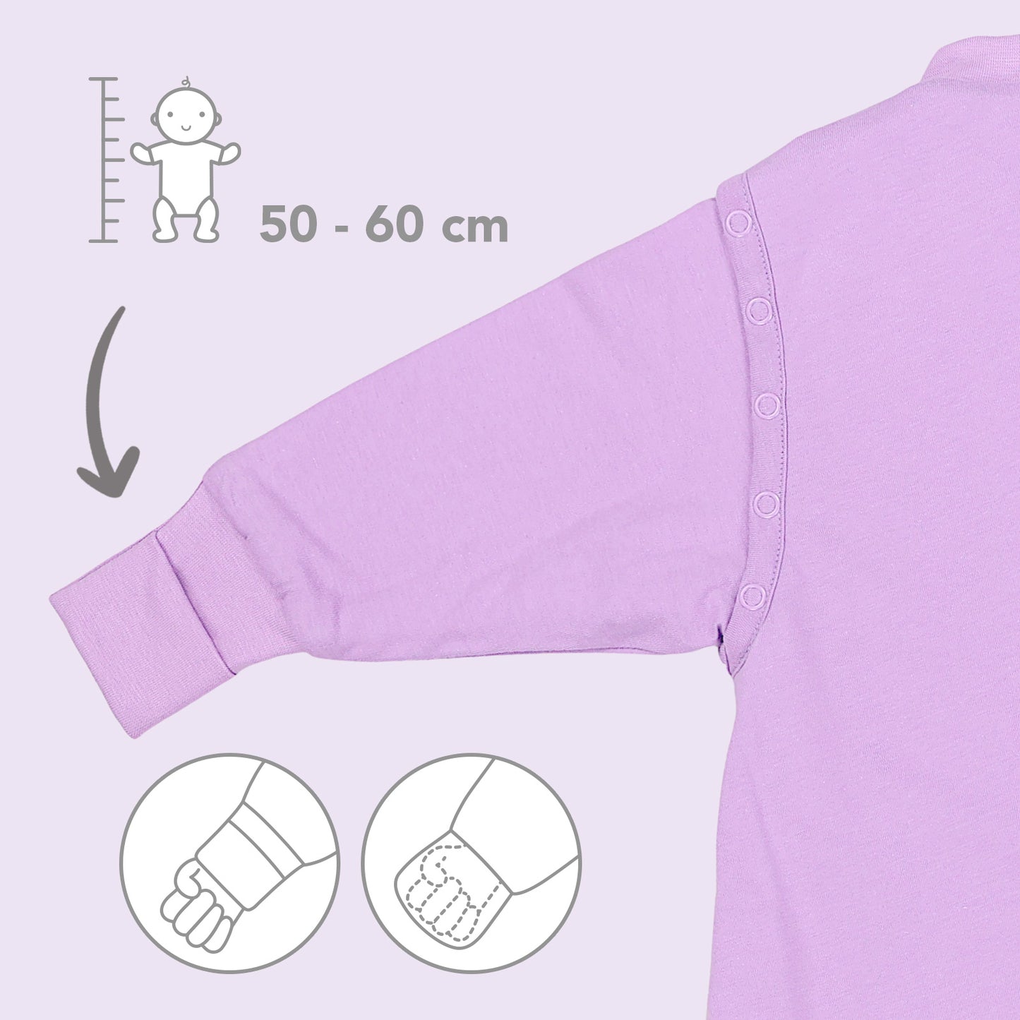 Schlafsack mit Füßen und umklappbaren Bündchen 3.5 TOG_Lavendel_Armausschnitt_1209