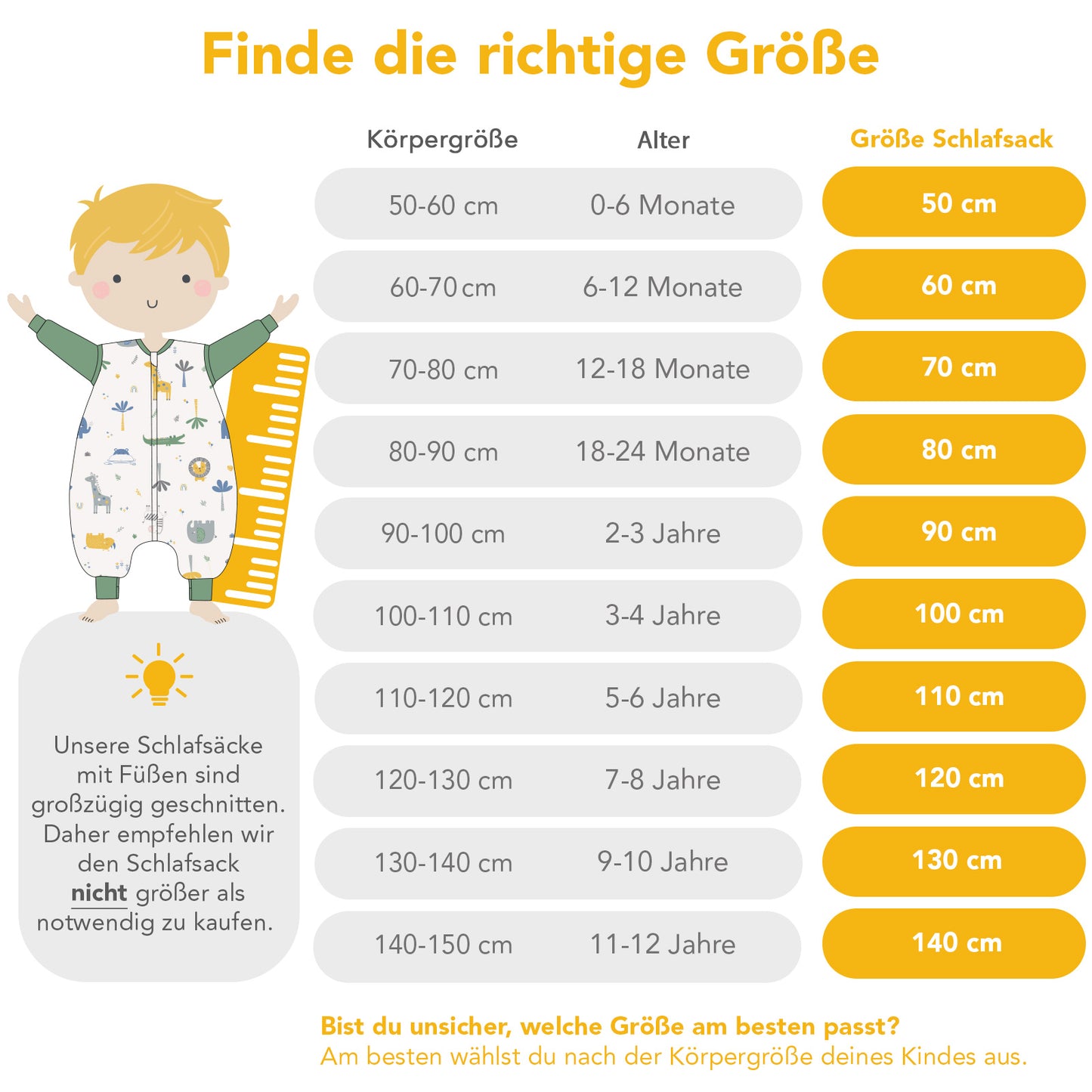 Schlafsack mit Füßen und umklappbaren Bündchen 3.5 TOG_Größentabelle_1209