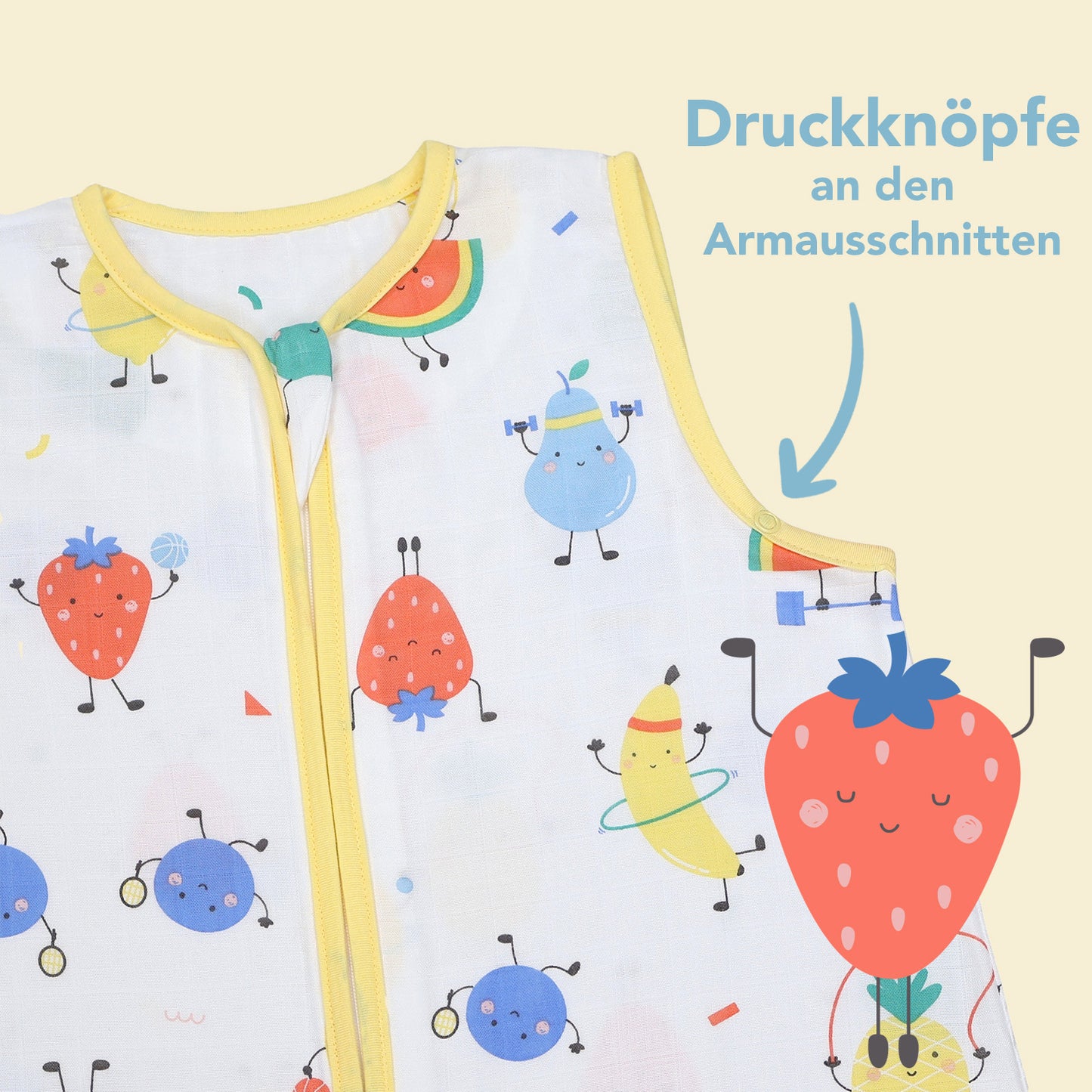 Musselin Schlafsack mit Füßen 0.5 TOG_Fruchtathleten_Armausschnitt_412