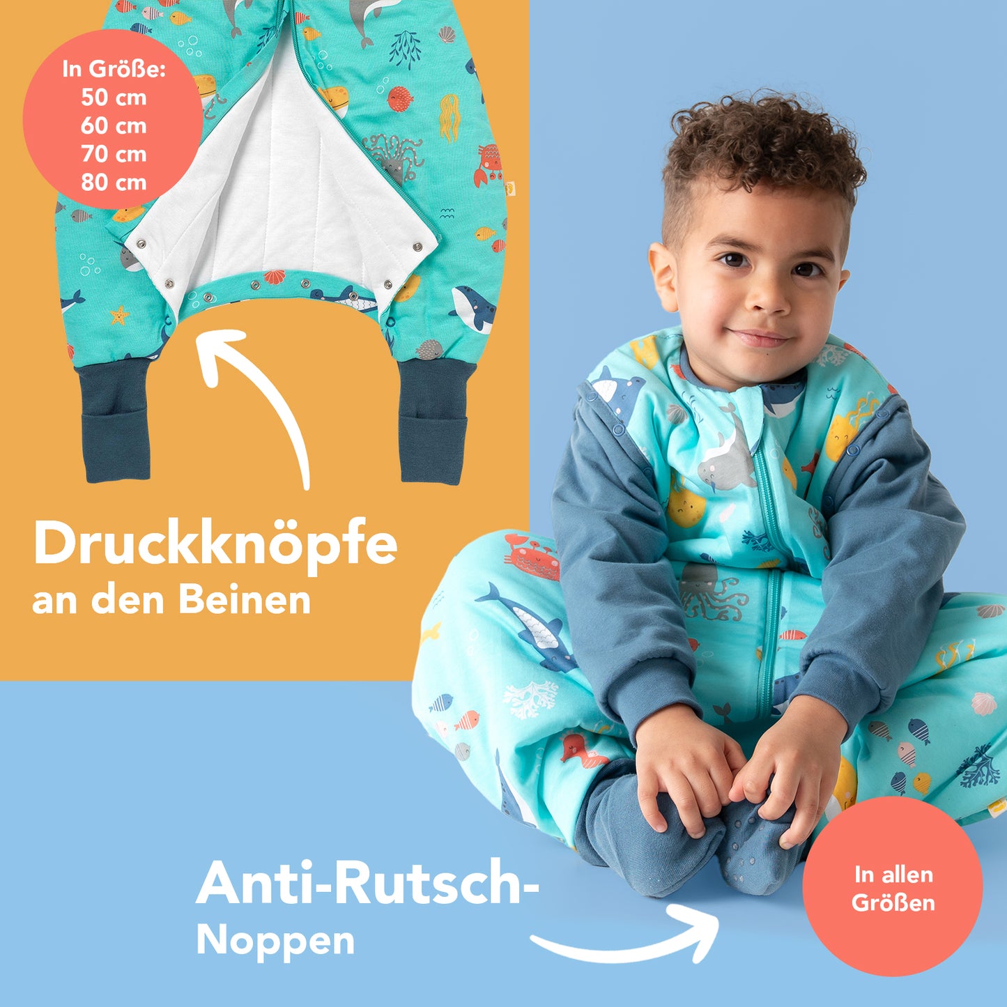 Schlafsack mit Füßen und umklappbaren Bündchen 2.5 TOG_Meerestiere_Fußbündchen_461