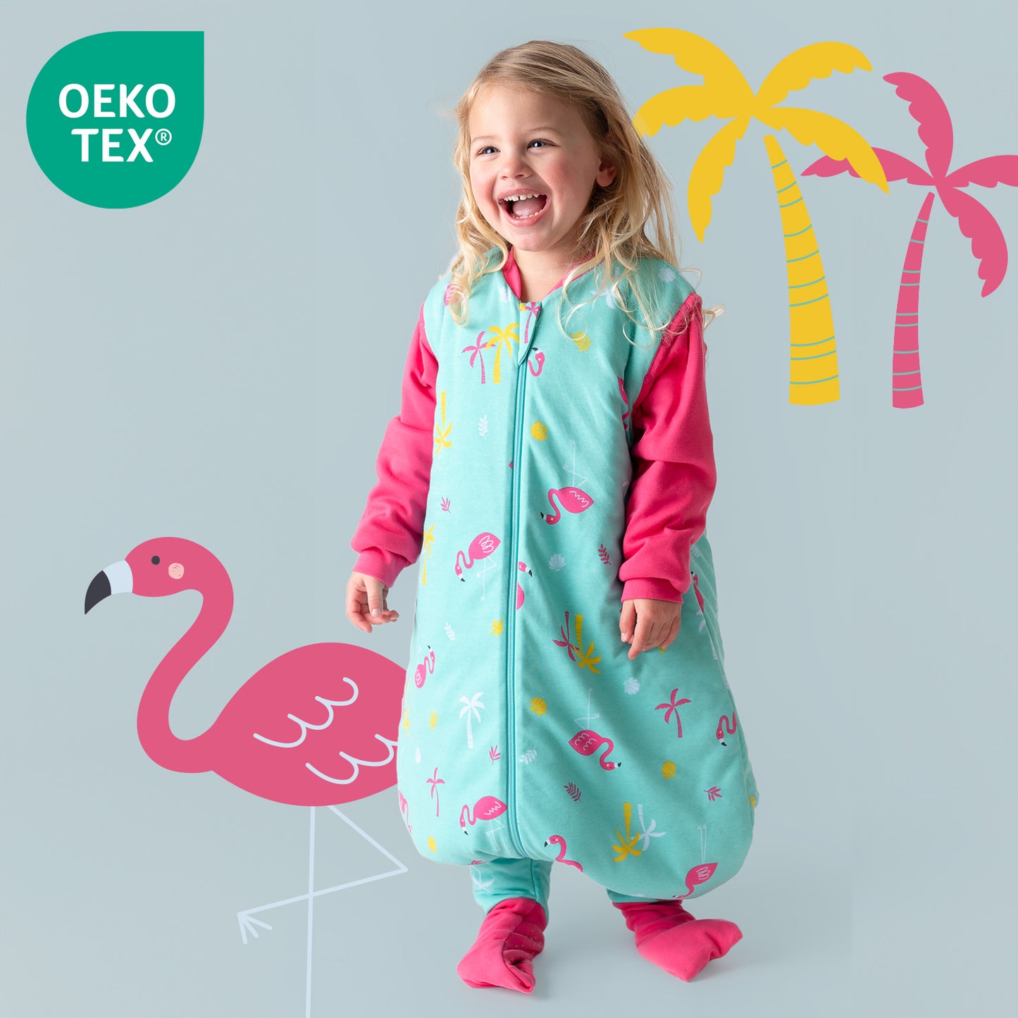 Bio Schlafsack mit Füßen und umklappbaren Bündchen 2.5 TOG_Flamingo_OEKOTEX_462