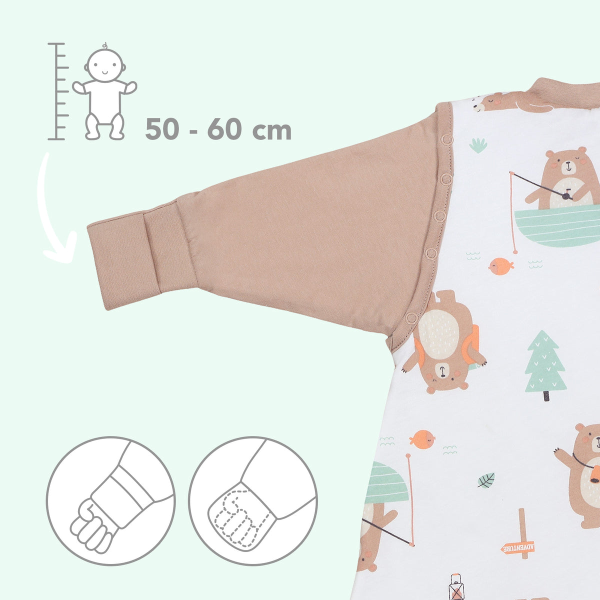 Schlafsack mit Füßen und umklappbaren Bündchen 3.5 TOG_Entdecker Bär_Armausschnitt_468