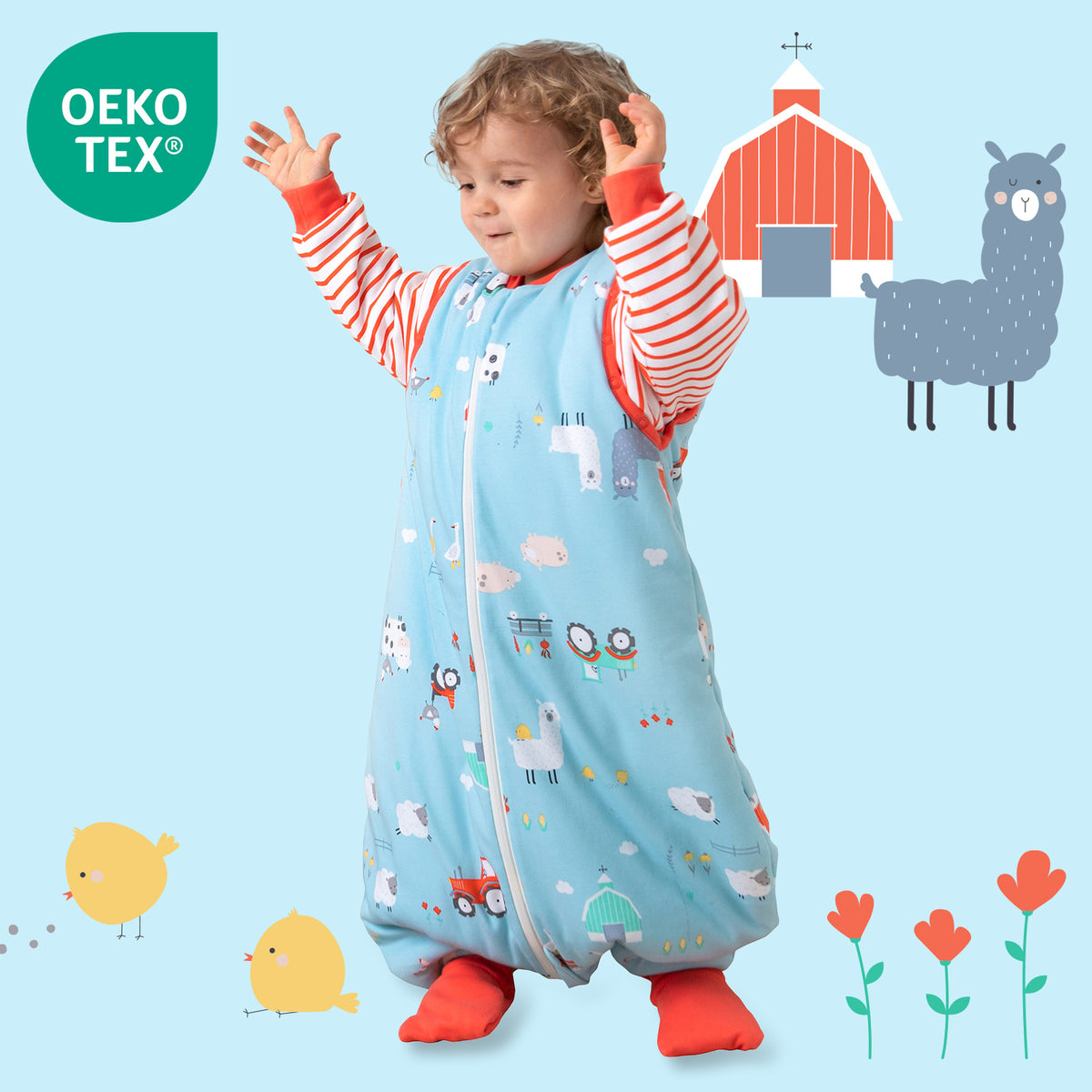 Bio Schlafsack mit Füßen und umklappbaren Bündchen 3.5 TOG_Bauernhof_OEKOTEX_469